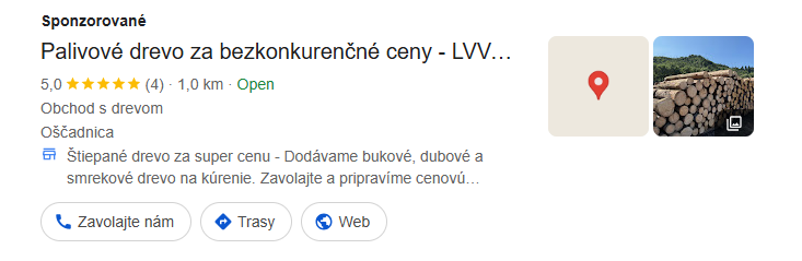 Reklama LVV-forest vo výsledkoch Google na počítači