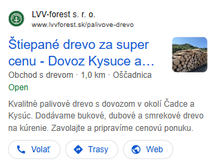 Reklama LVV-forest vo výsledkoch Google na mobile